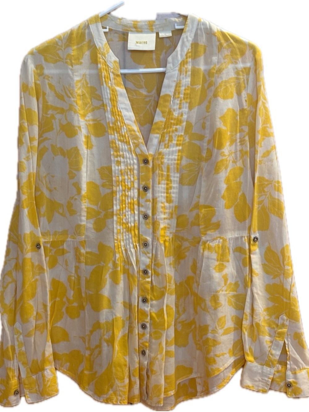 Anthropologie Maeve Yellow Floral Pintuck Button-Front Peplum Top - size 10 - Picture 3 of 9